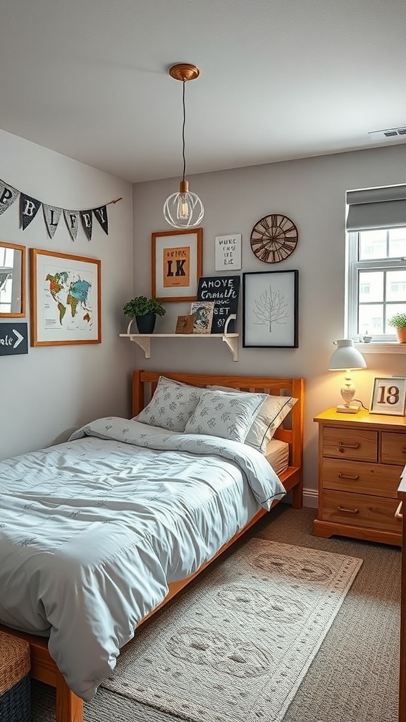A cozy dorm room featuring a wooden bed, soft bedding, coordinated wall art, and warm lighting.
