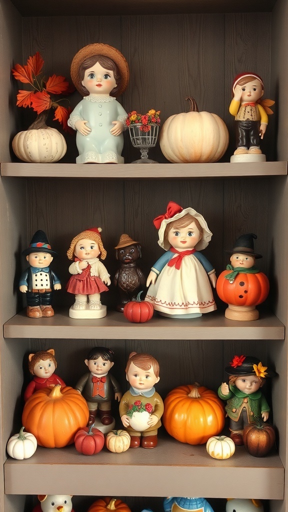 A shelf displaying various collectible fall-themed figurines, including children and pumpkins.