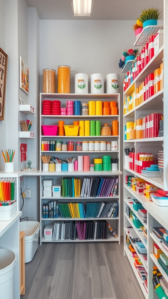 A colorful craft room with neatly organized materials on shelves.