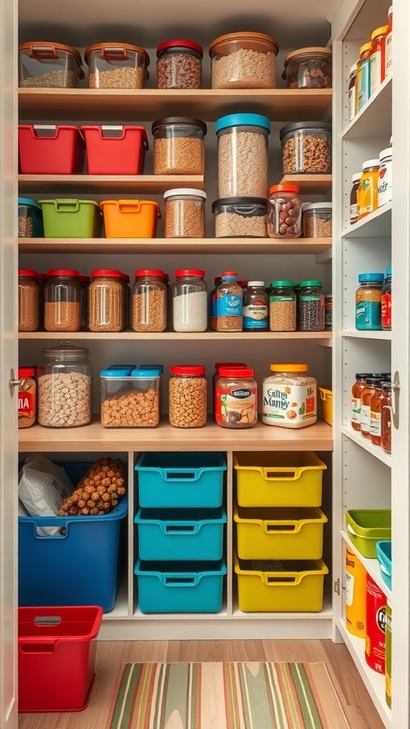 A well-organized pantry with colorful bins and jars