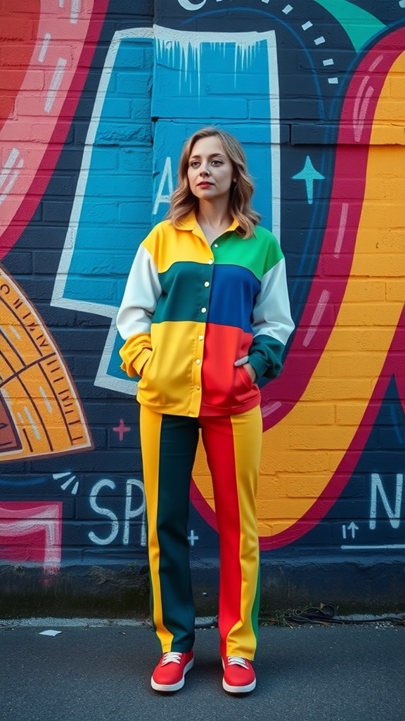 A woman wearing a colorful, color-blocked outfit with a mix of greens, yellows, reds, and blues, standing in front of a vibrant mural.