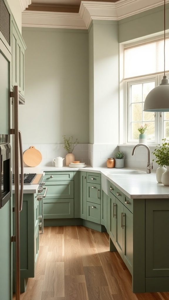 A sage green farmhouse kitchen with wooden flooring and natural light.
