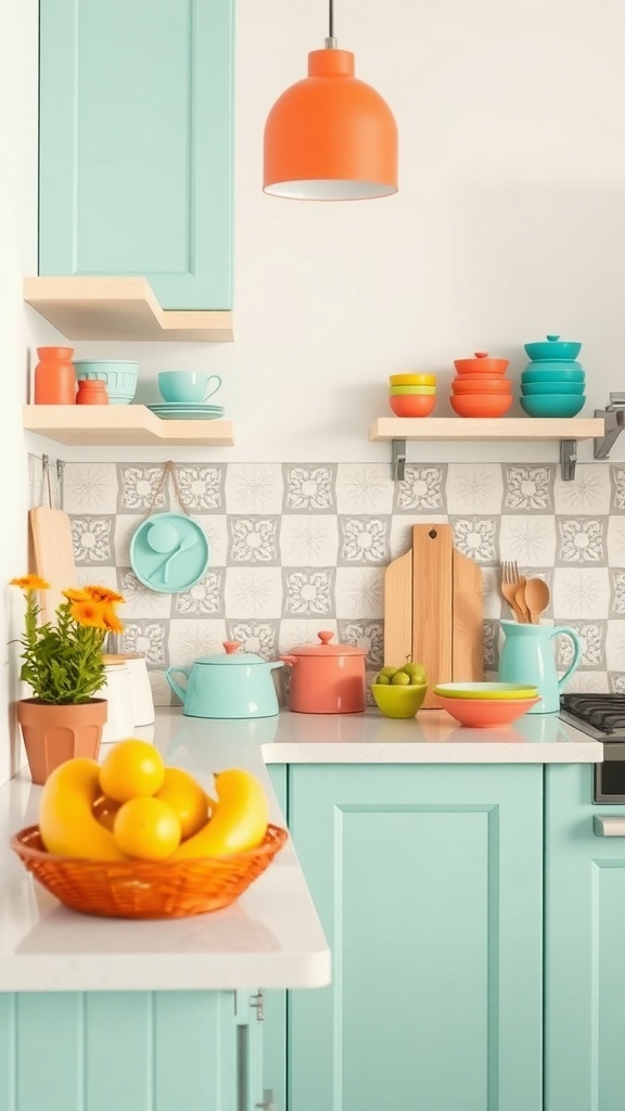 A colorful kitchen countertop with turquoise cabinets, orange lamp, and vibrant dishware.