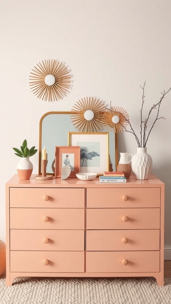 A stylish bedroom dresser with peach color, decorative items, and plants.