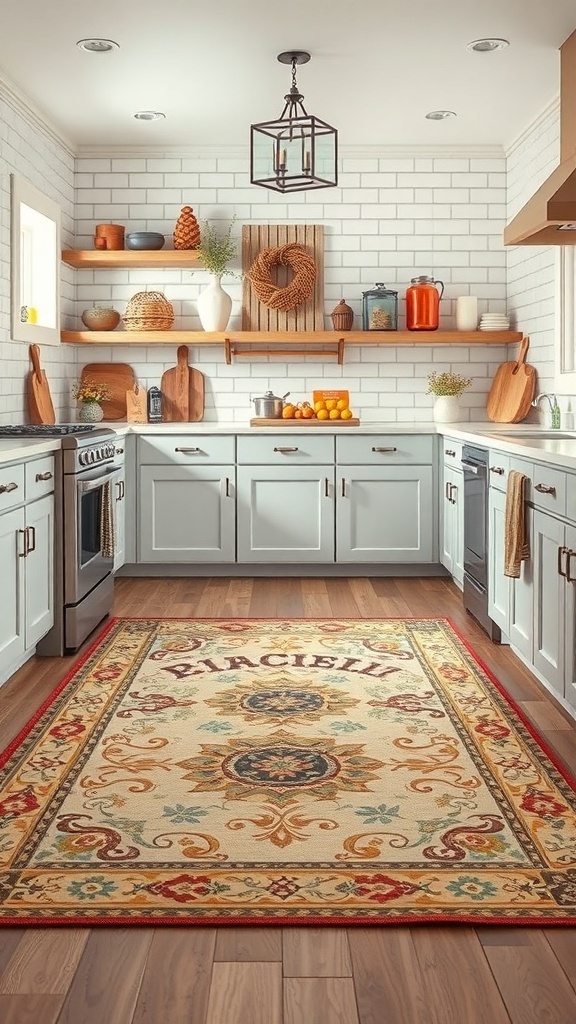 A cozy farmhouse kitchen featuring a decorative rug with warm colors and patterns.