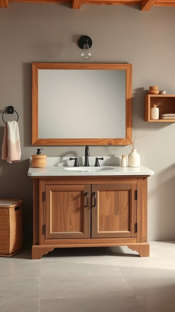 A rustic bathroom vanity featuring earthy tones and natural wood finishes.