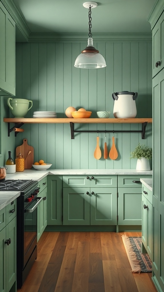 A green farmhouse kitchen with wooden accents and a cozy atmosphere.