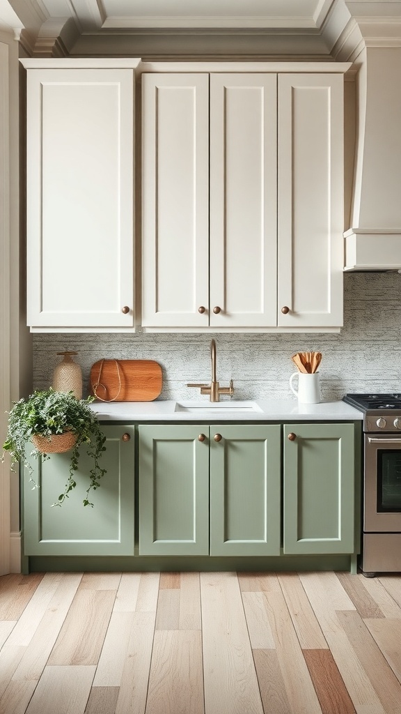 Farmhouse kitchen with green and white cabinets and wooden accents.