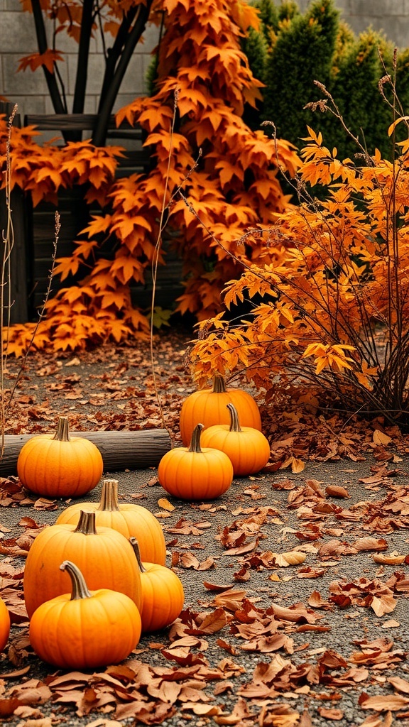 A collection of pumpkins surrounded by orange leaves, showcasing a warm autumn color palette.