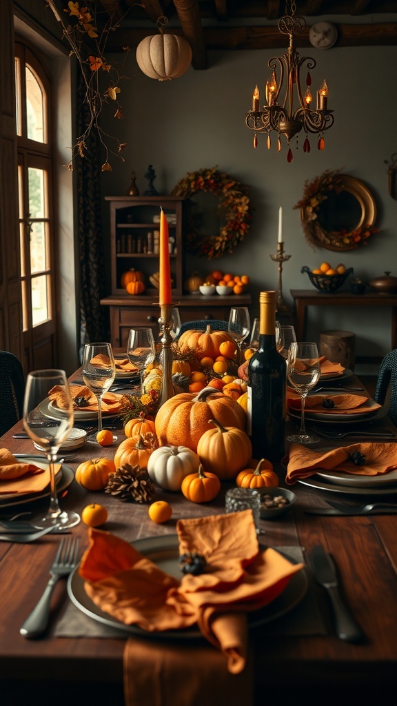 A beautifully set Thanksgiving dinner table with pumpkins, candles, and warm colors.