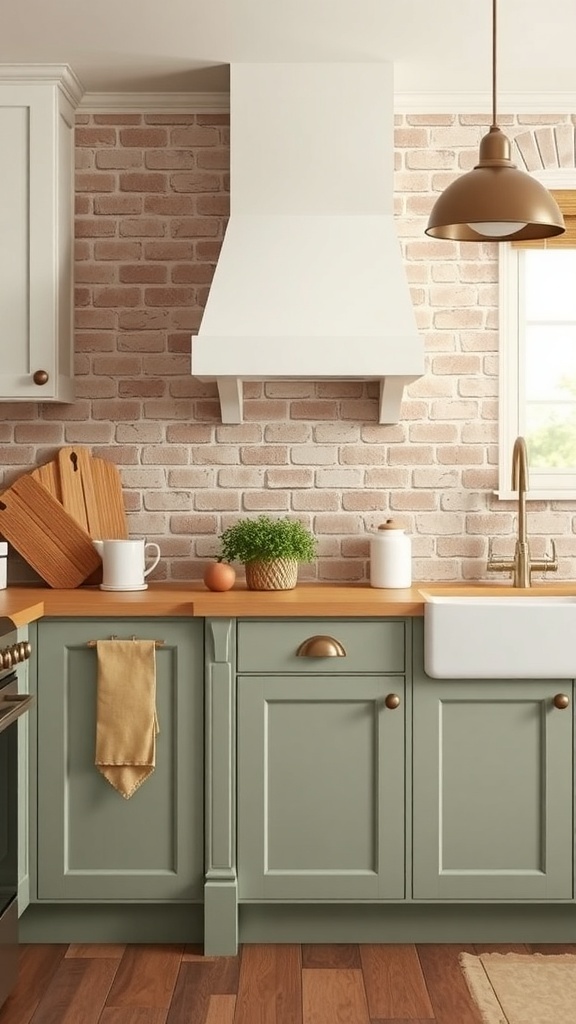 Farmhouse kitchen with brick backsplash and soft green cabinets