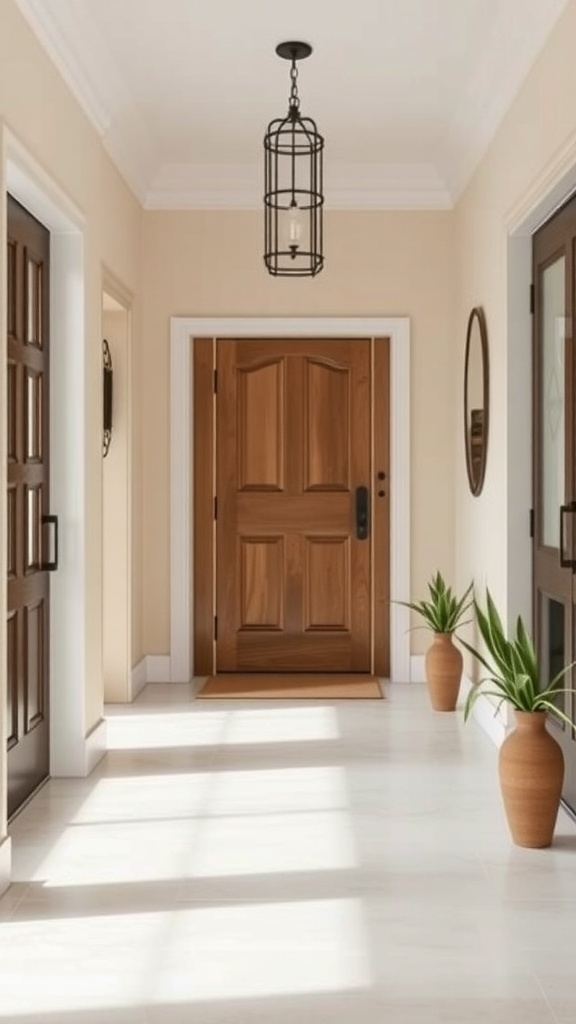 Modern farmhouse entryway with beige walls, wooden door, and potted plants.