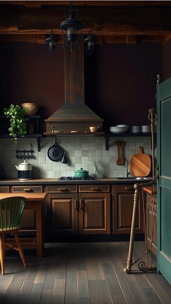 A dark rustic kitchen featuring deep brown cabinets, green accents, and warm lighting.