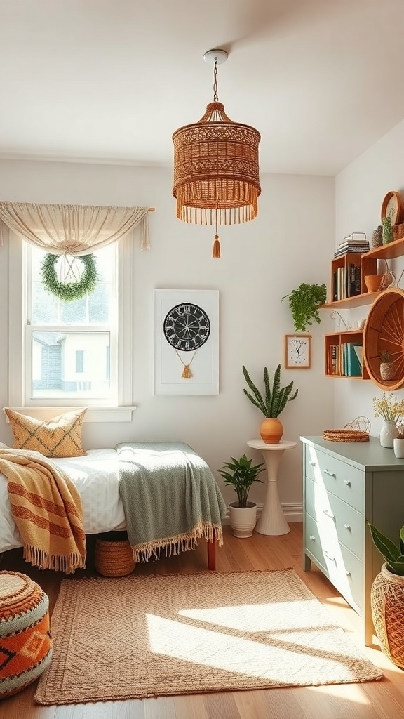 A cozy boho dorm room featuring earthy tones with warm oranges, greens, and natural textures.