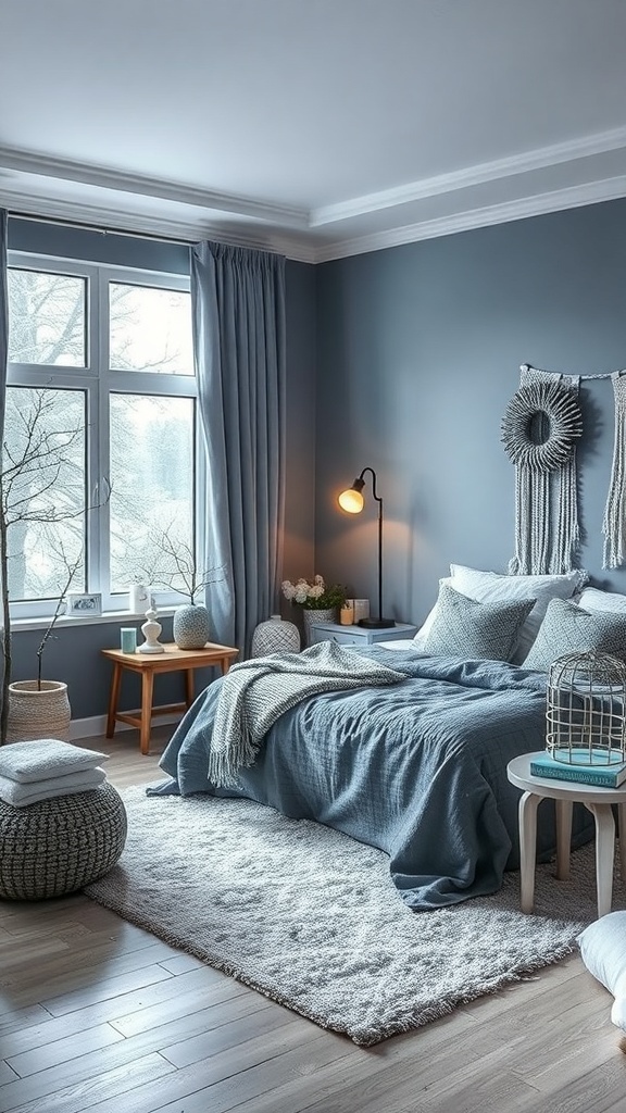 A cozy winter bedroom with soft blue walls, warm gray bedding, and natural decor.
