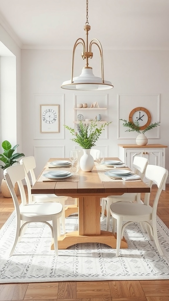 A modern farmhouse dining table set with white chairs, a wooden table, and decorative elements.