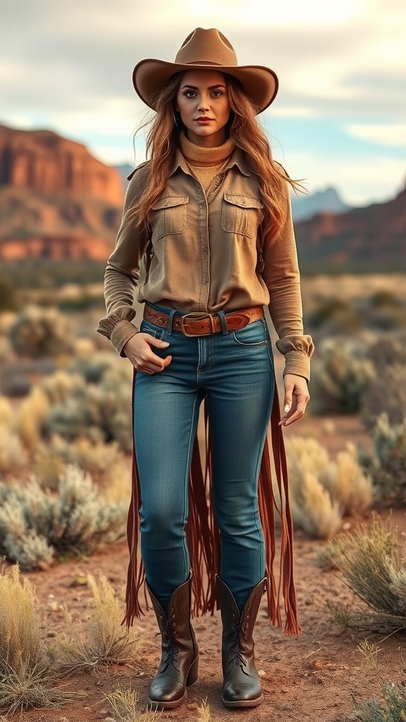 A woman in a western chic outfit, featuring a light brown shirt, tan hat, and denim jeans, standing in a natural landscape.