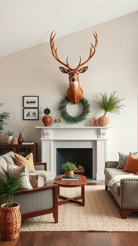 A living room with a deer mount above the fireplace, featuring warm earth tones and cozy decor.