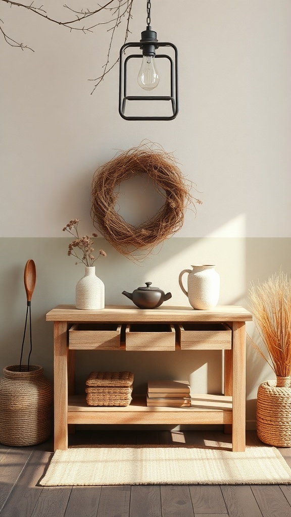 A rustic entryway table with warm colors and natural decor.