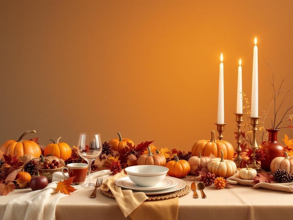 A Thanksgiving table set with pumpkins, leaves, candles, and a warm color palette.