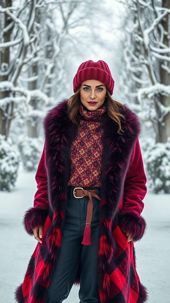 A woman in a winter outfit featuring a patterned sweater, a luxurious red coat, and a knitted hat, standing in a snowy landscape.