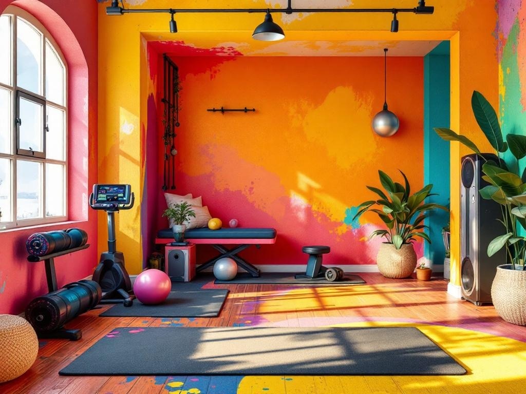 A colorful home gym with vibrant walls, exercise equipment, and plants.