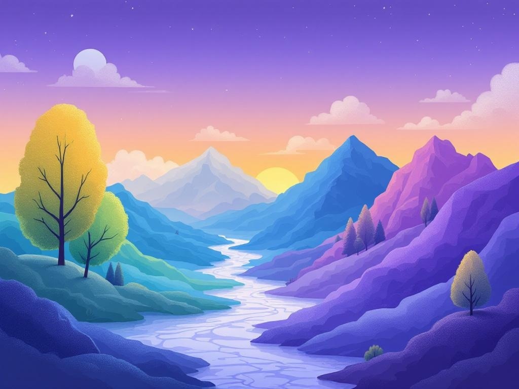 A colorful landscape featuring mountains, a river, and a sunset.
