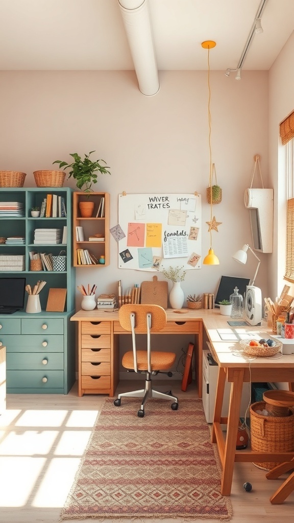A bright and organized craft room featuring a desk, teal storage unit, and warm color scheme.