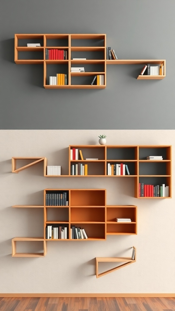 Two floating bookshelves with different color schemes: one in warm wood on a gray wall and another in bold orange on a light wall.