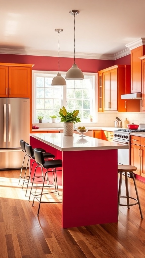 A colorful peninsula kitchen featuring orange cabinets, a pink island, and natural light.