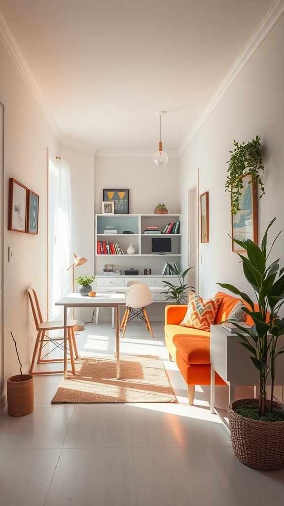 A bright and airy small workspace with an orange sofa, white walls, and plants.