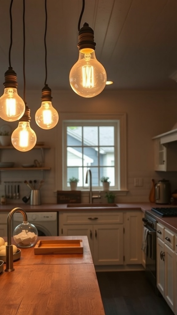 Farmhouse kitchen with warm pendant lighting
