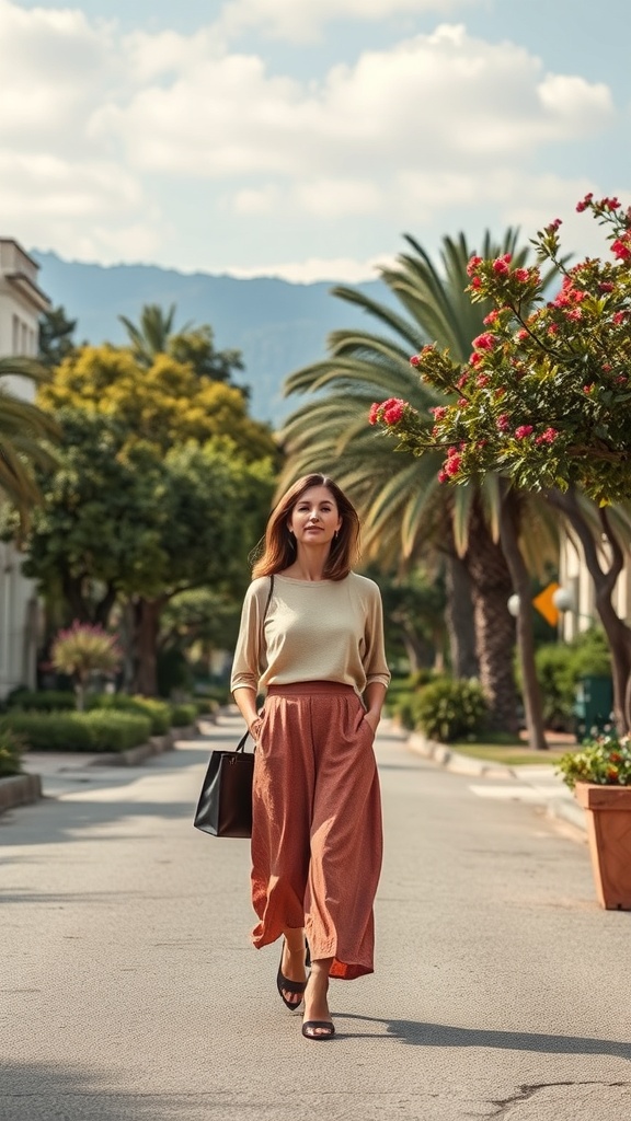 A woman in a beige top and rust-colored pants walking on a sunny street with palm trees.