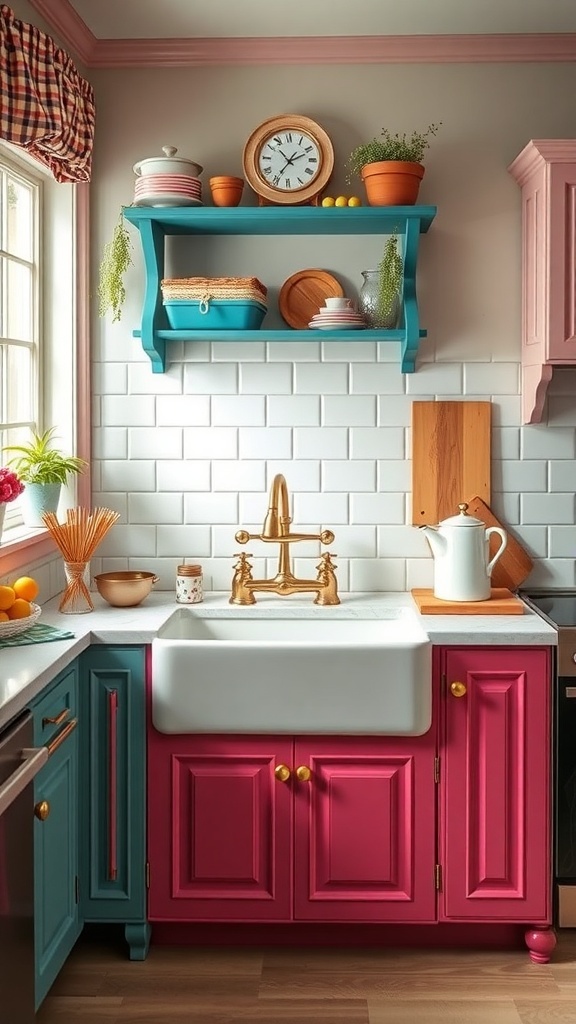 A colorful farmhouse kitchen sink with pink and teal cabinets.