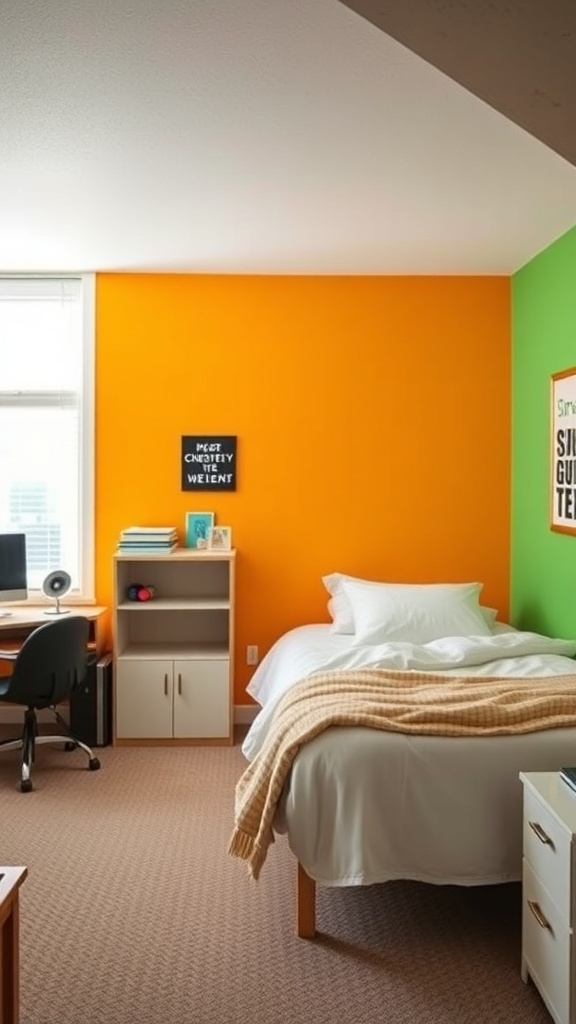 A dorm room with colorful accent walls in orange and green, featuring a cozy bed and a desk.