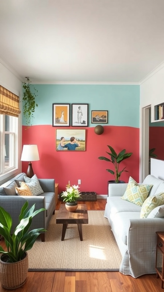 Small cottage living room with colorful accent walls in red and blue.