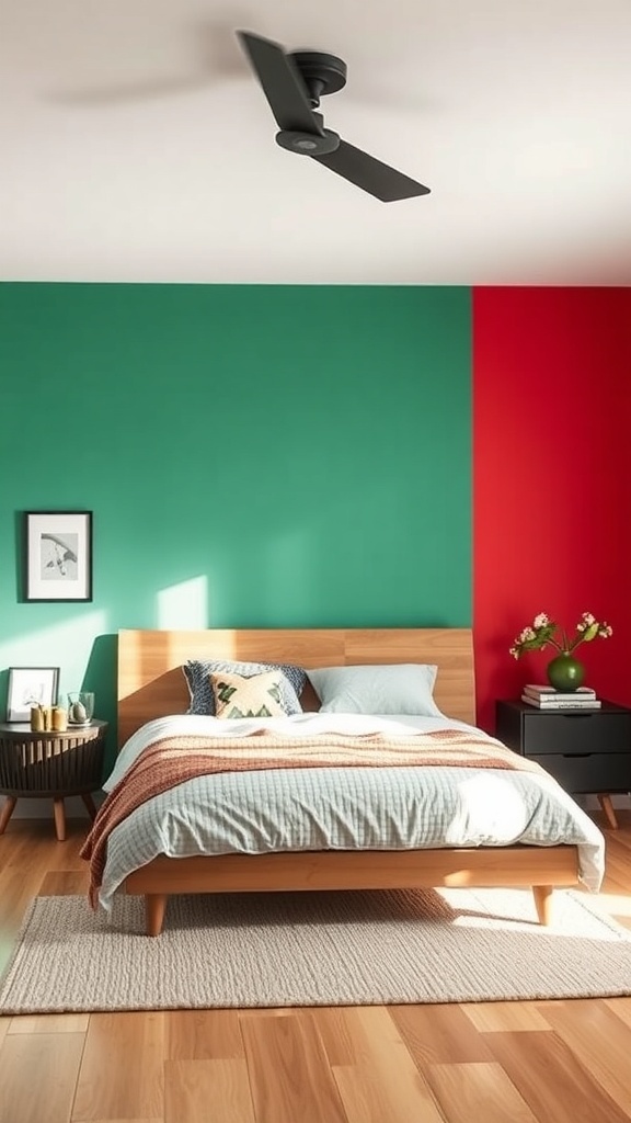 A bedroom with a green and red accent wall, featuring a wooden bed and cozy decor.