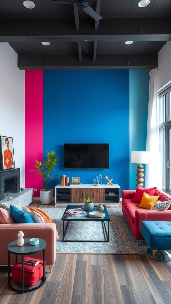 A vibrant living room featuring an accent wall in blue and pink, with colorful furniture and decor.