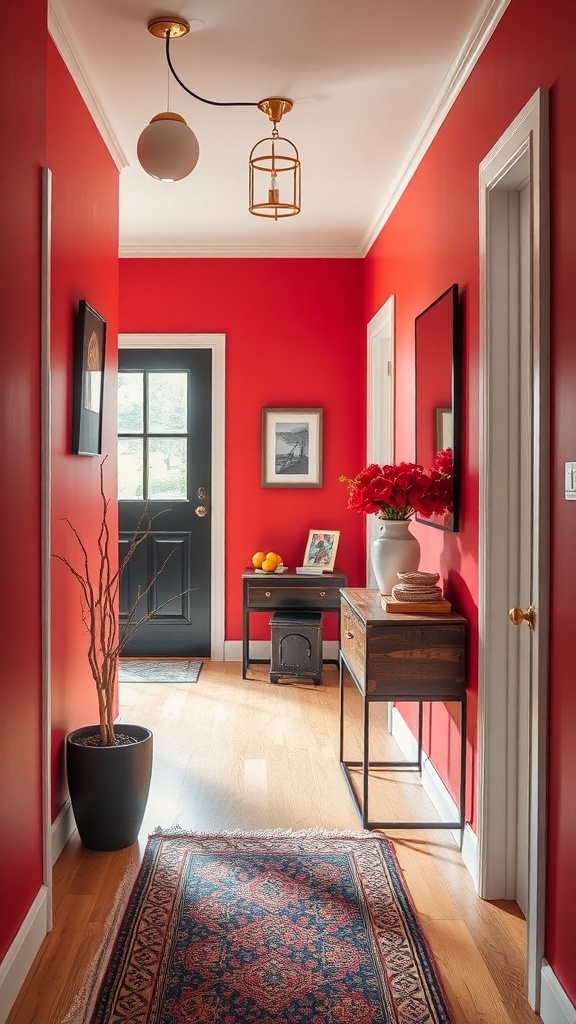 A vibrant red accent wall in a small entryway with a black door and decorative elements.