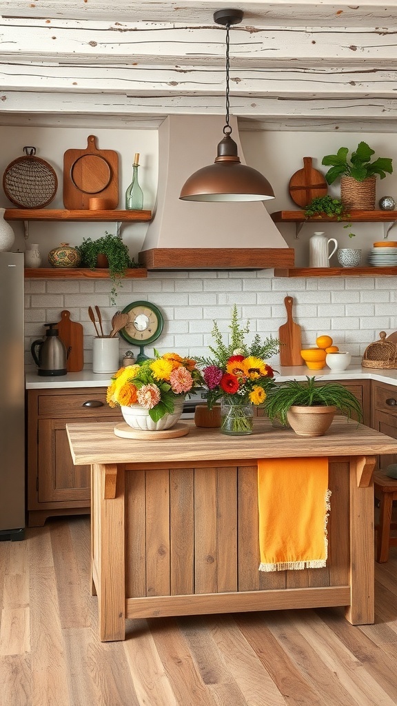 A rustic kitchen island with colorful flowers and an orange towel.