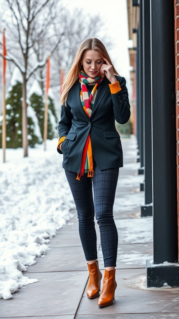 A woman in a stylish business casual winter outfit featuring a black blazer, plaid pants, and a colorful scarf.