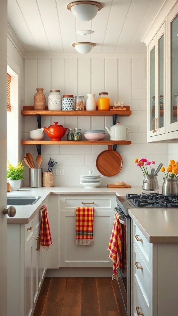 A cozy small farmhouse kitchen with colorful accents including dishware and towels.