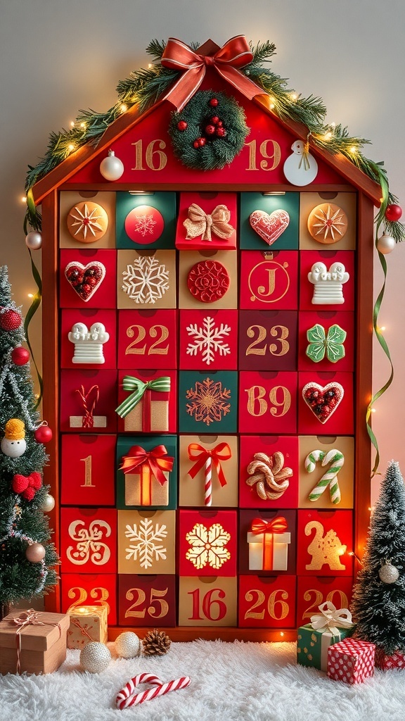 A colorful advent calendar with festive decorations and cookies