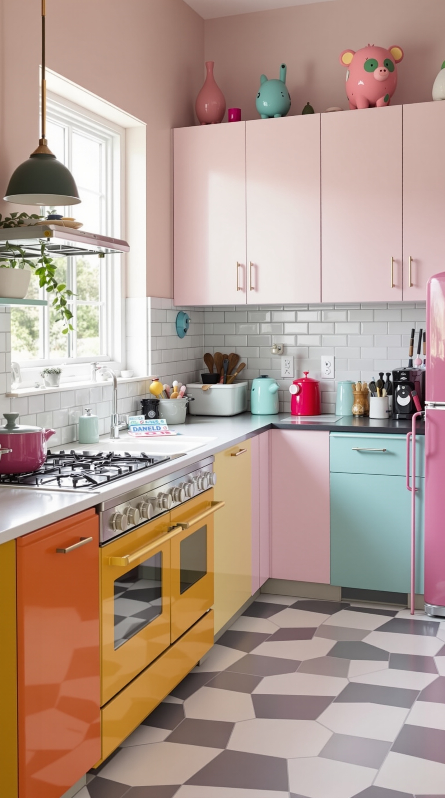 A colorful kitchen featuring a blue fridge, pink stove, and yellow cabinets, with plants and decorative items.