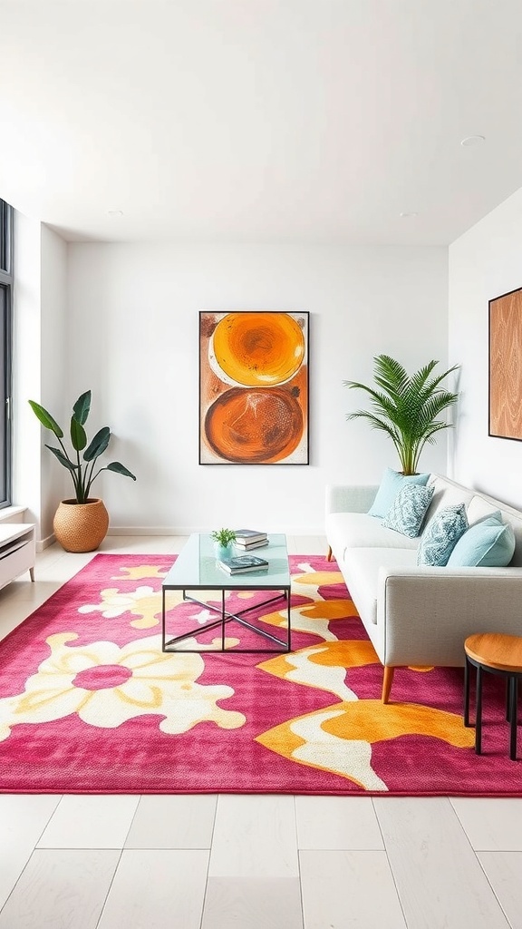 A modern living room featuring a colorful area rug with floral patterns, a light sofa, and a glass coffee table.
