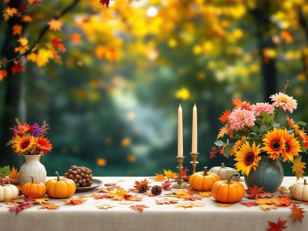 A beautifully set Thanksgiving table with autumn decorations, including flowers, pumpkins, and colorful leaves.
