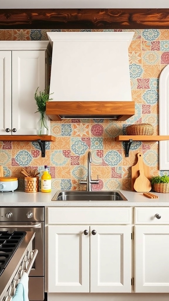 Colorful patterned backsplash in a farmhouse kitchen