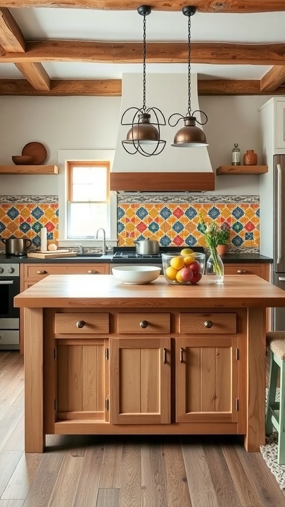 A farmhouse kitchen featuring a wooden island and a colorful tile backsplash.