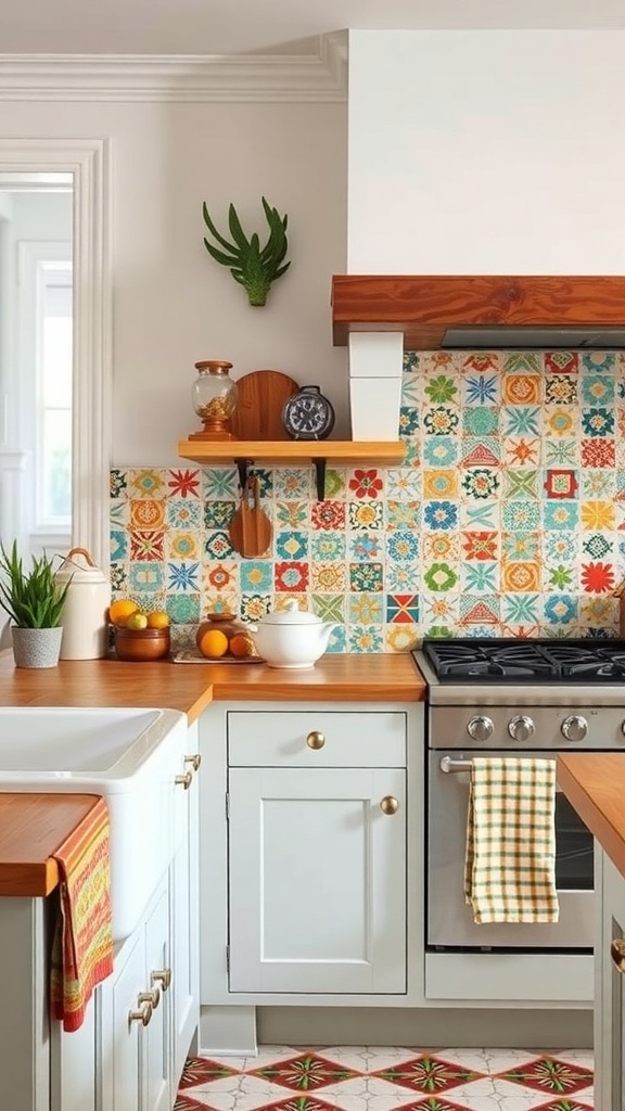Colorful vintage tile backsplash in a farmhouse kitchen