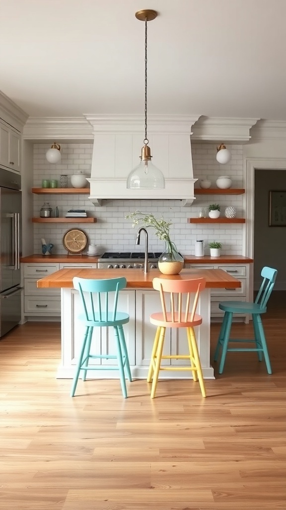 Colorful bar stools in a coastal farmhouse kitchen setting.